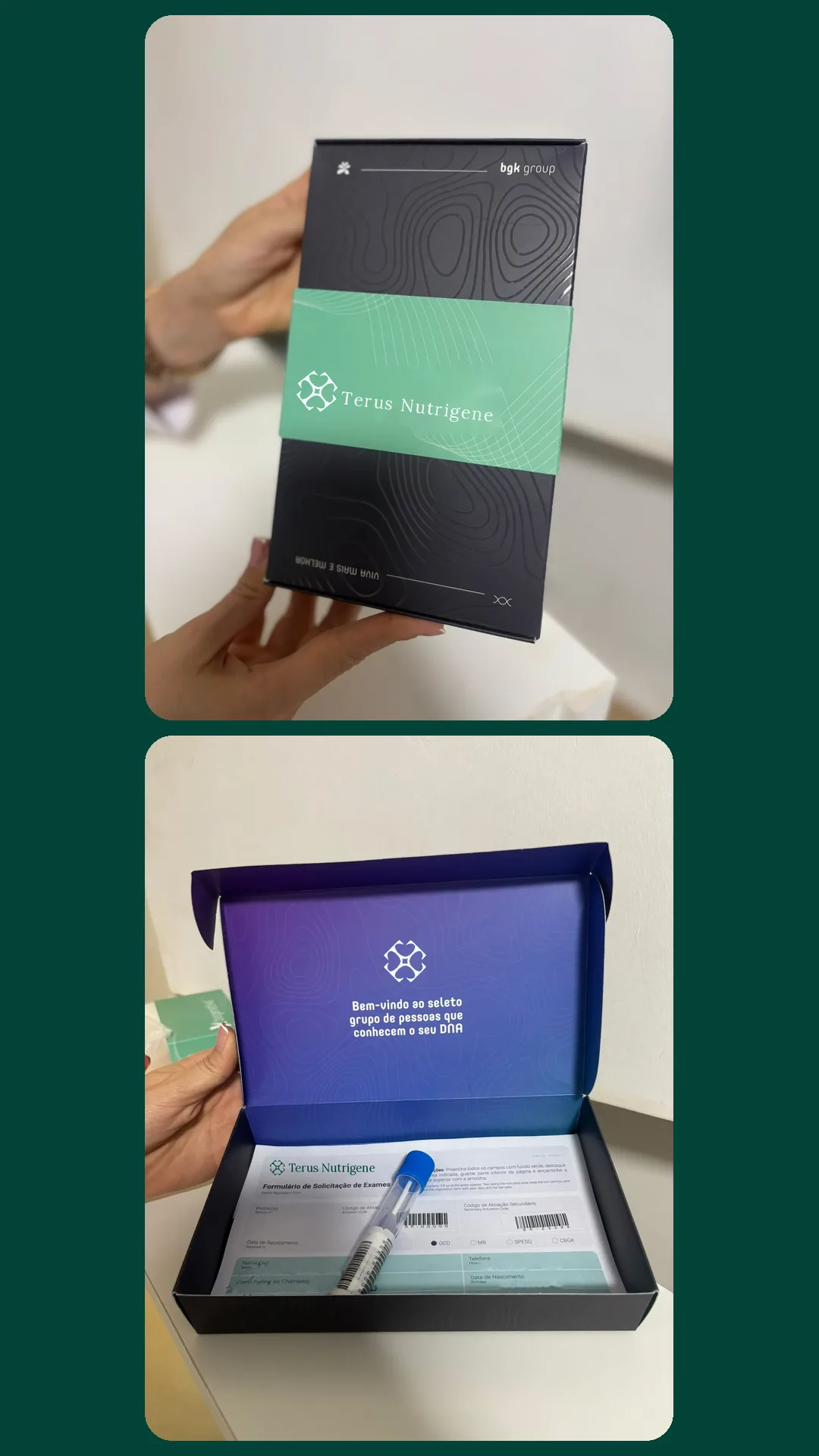 Kit do teste genético Terus Nutrigene, caixa fechada e aberta com o tubo de coleta